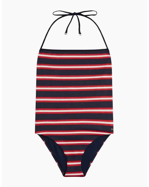Tommy Hilfiger Red Th Texture Halterneck Swimsuit, New Preppy Stripe