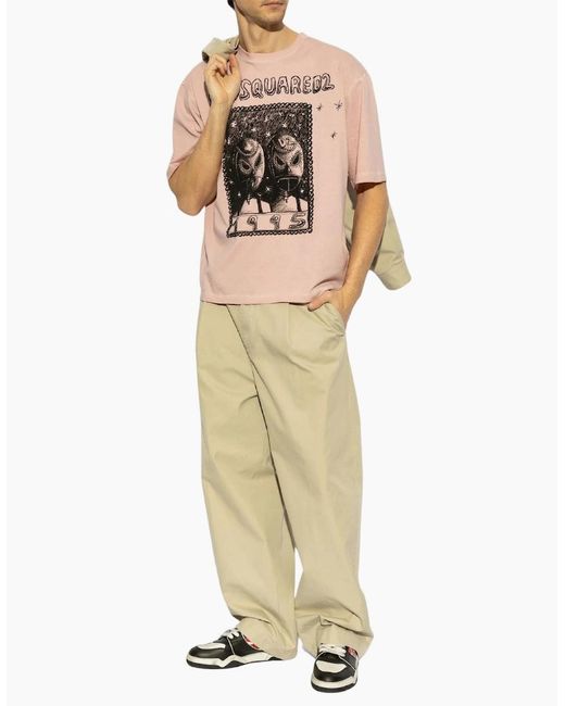 DSquared² Pink Overlay Graphic Loose Fit T-Shirt Dusty Antic Rose for men
