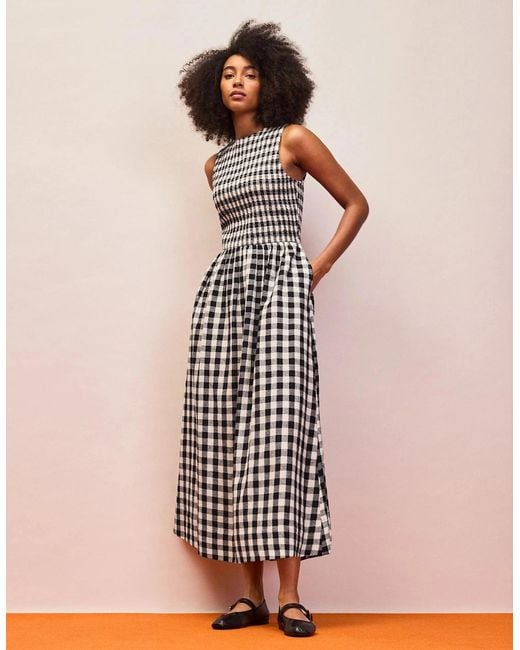 Ro&zo White Mono Gingham Cotton And Linen-Blend Shirred Midi Dress