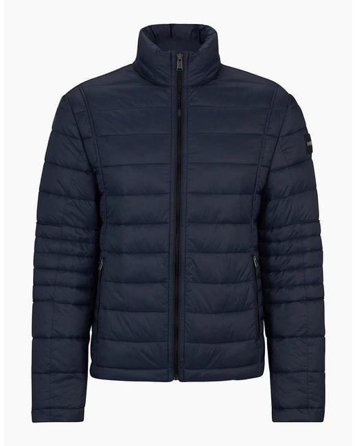 Boss Blue Solid Patterned Puffer Jacket for men