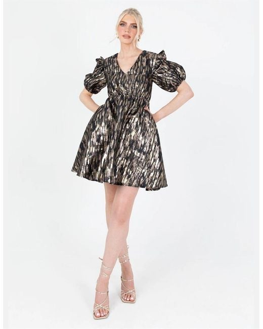 Lovedrobe Metallic V-Neck Short Sleeve Mini A-Line Dress