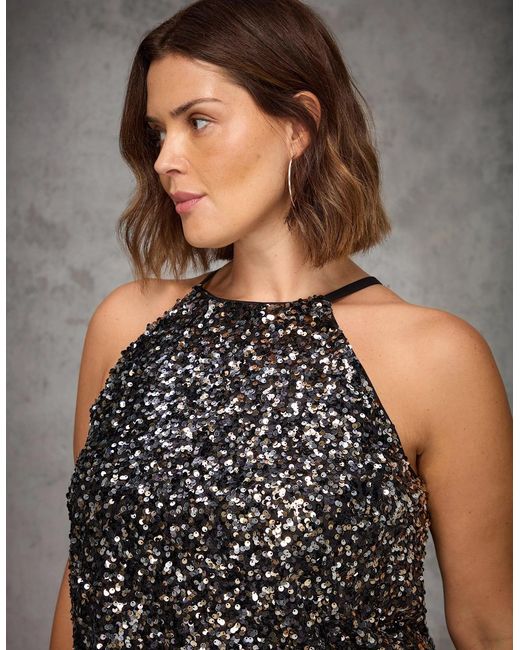 Live Unlimited London Gray Sequin Halterneck Top