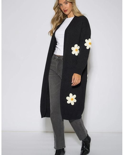 Gini London Black 3D Daisy Flower Longline Cardigan