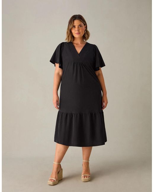 Live Unlimited London Black Charcoal Tencel Blend Ruffle Sleeve V-Neck Midi Dress