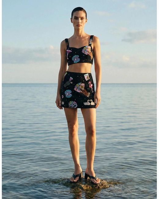 Oceanus Black Vegas Beaded Mini Party Beach Co-Ord Skirt