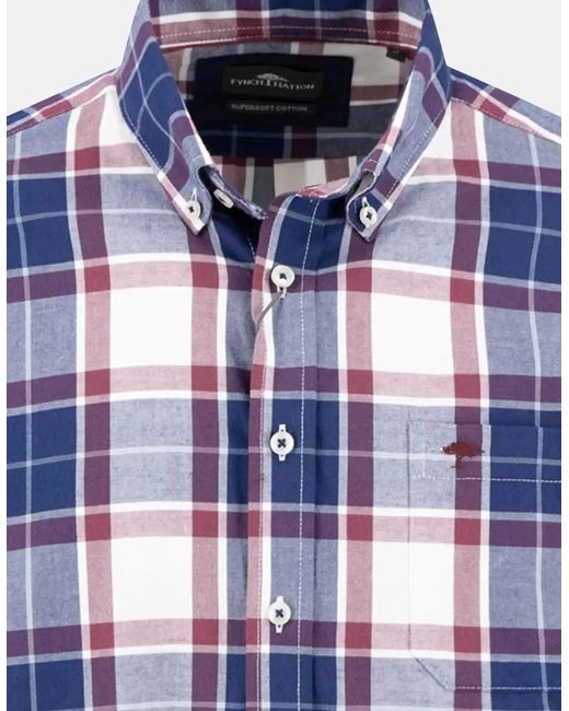 Fynch-Hatton Blue Twill Check Button Down Shirt Deep Merlot for men