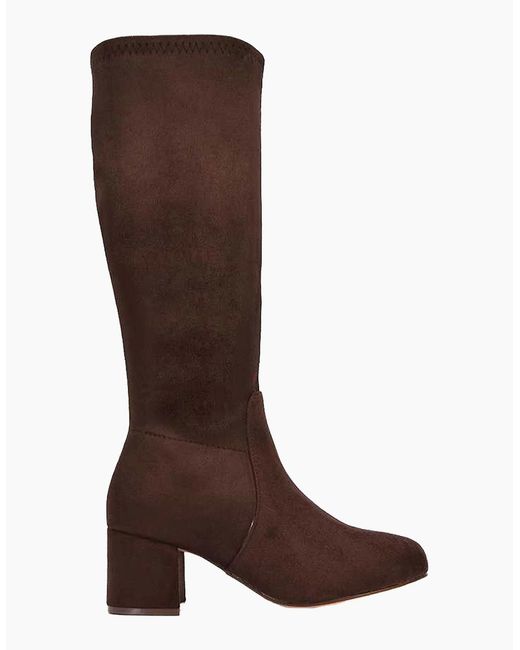 XY London Brown Ladies Masie Knee-High Low Mid Block Heel Boots