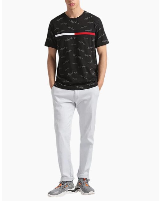 Tommy Hilfiger Black T Shirt Signature Flag Striped Crew Neck Summer Cotton Tee for men