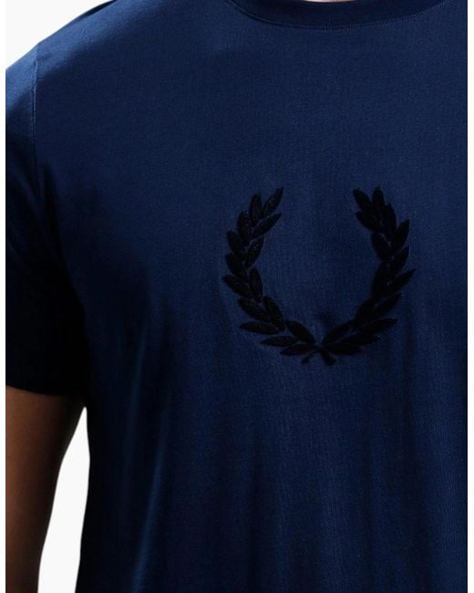 Fred Perry Blue T Shirt Textured Laurel Wreath Logo Crew Neck Short Sleeve Summer Tee for men