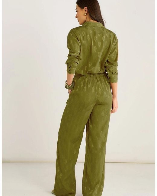 Gini London Green Khaki Floral Satin Jacquard Trousers