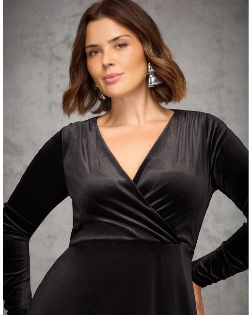 Live Unlimited London Black Velvet Long Sleeve Wrap Dress