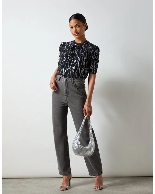 Ro&zo Black Foil Puff Sleeve Top