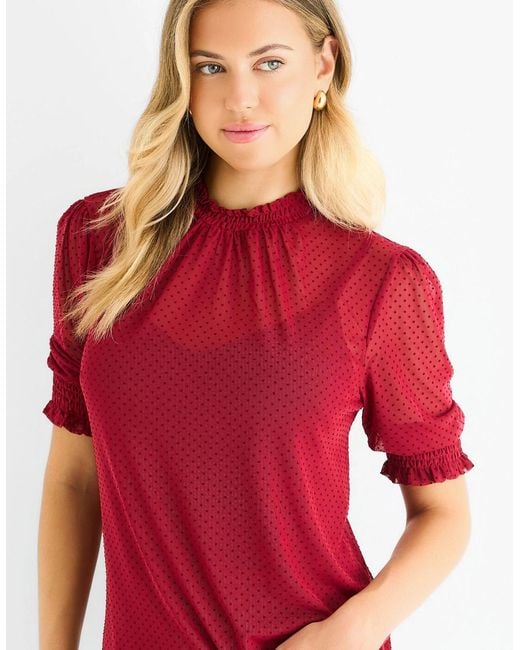 Gini London Red High Neck Lace Loose Fit Blouse