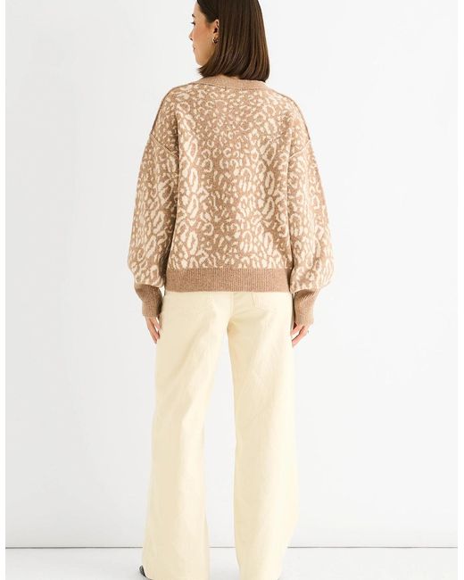 Gini London Natural Camel Animal Print Wool Mix Cardigan Look Jumper
