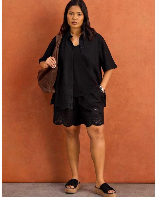 Live Unlimited London Black Linen Blend Broderie Shorts