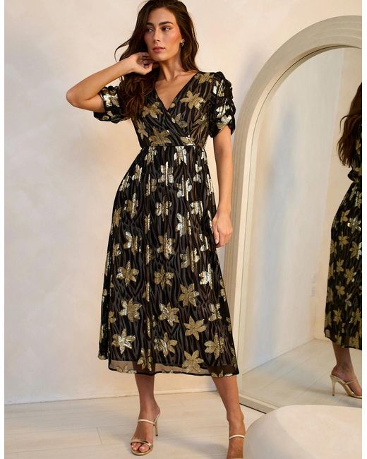 Gini London Black Floral Lurex Wrap Front Dress