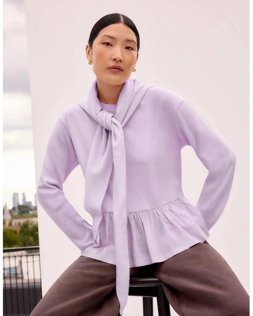 Ro&zo Purple Lilac Peplum-Hem Long-Sleeved Organic Cotton T-Shirt