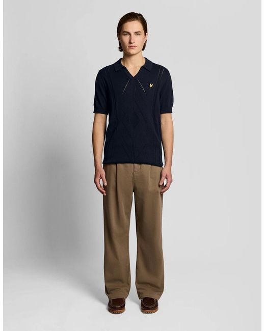 Lyle & Scott Blue Open Collar Argyle Knitted Polo Shirt for men