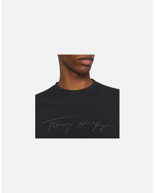 Tommy Hilfiger Black Sweatshirt Signature Embossed Logo Fleece Pullover Crew Neck for men