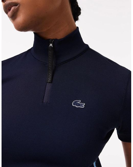 Lacoste Blue Ribbed Collar Zip Neck Short Sleeve Polo Shirt
