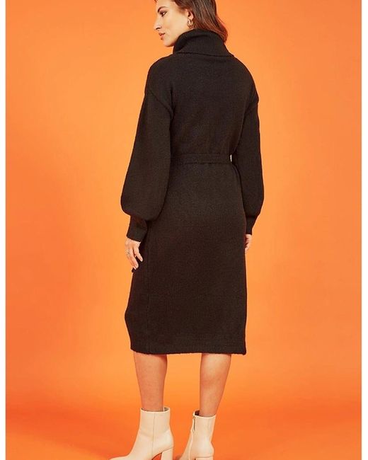 Yumi' Black Roll Neck Midi Sweater Dress