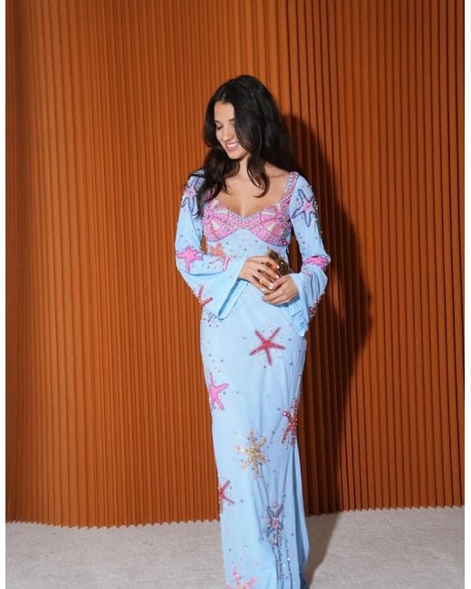 Oceanus Blue Crescent Shell Bell Sleeve Dress