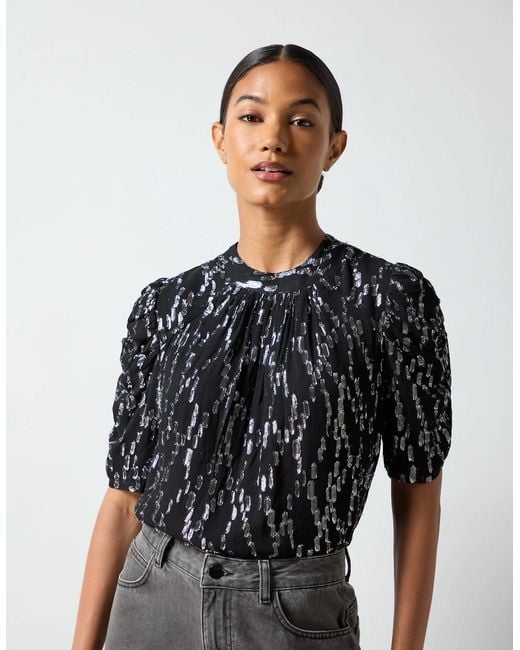 Ro&zo Black Foil Puff Sleeve Top