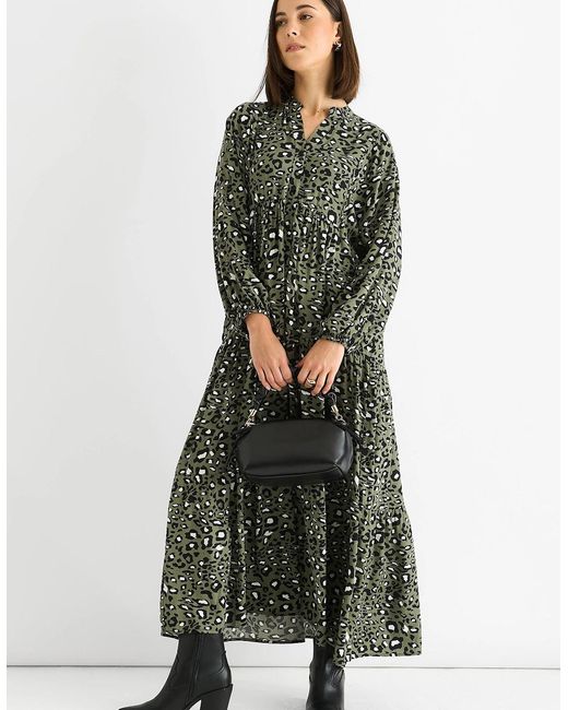 Gini London Green Khaki Viscose Animal Oversized Smock Maxi Dress