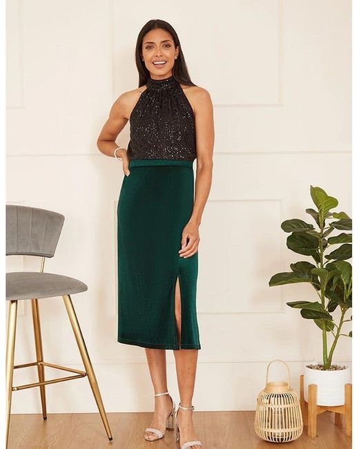 Yumi' Green Velvet Midi Pencil Skirt