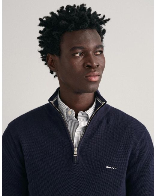 Gant Blue Cotton Pique Half Zip Jumper for men