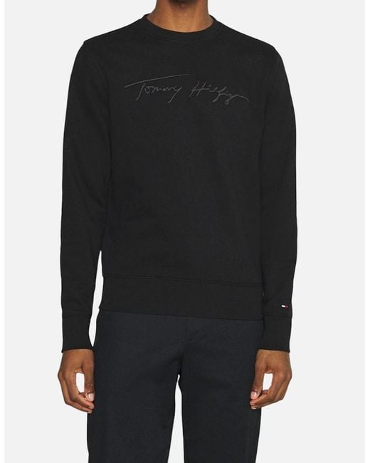 Tommy Hilfiger Black Sweatshirt Signature Embossed Logo Fleece Pullover Crew Neck for men
