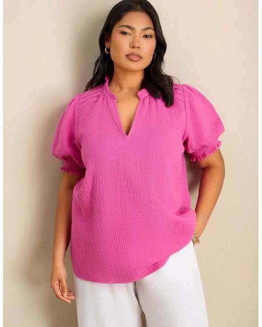 Live Unlimited London Pink Cheesecloth Puff Sleeve Blouse