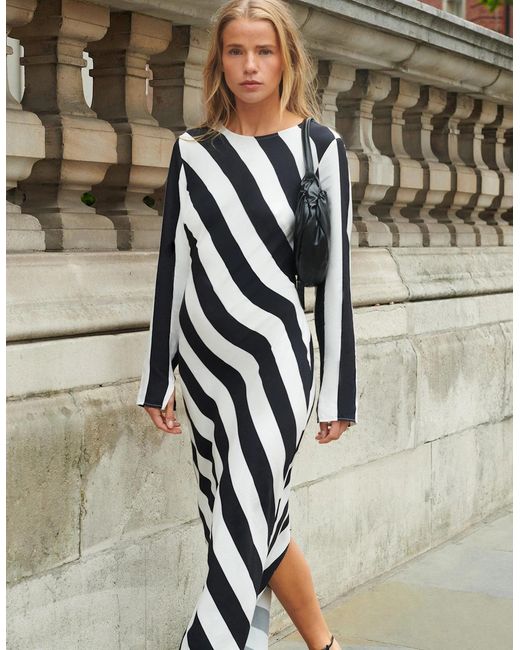 Ro&zo White Clara Mono Stripe Print Bias Cut Maxi Dress