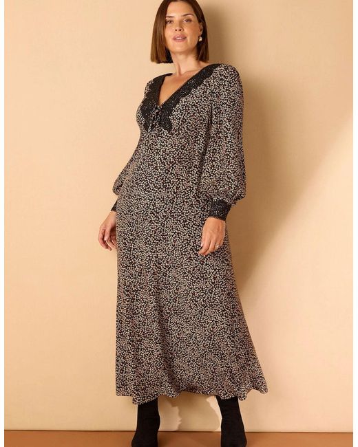 Live Unlimited London Gray Ditsy Floral Scalloped Lace Midaxi Dress