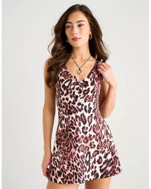 Gini London Multicolor Leopard Print Tie Front Skirted Swimsuit