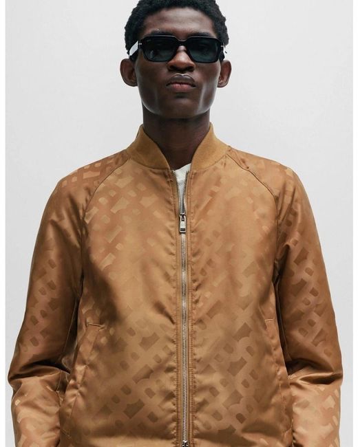 Boss Brown Geometric Patterned Ribbed Cuff Bomber Jacket for men