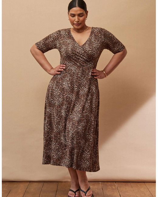 Live Unlimited London Brown Leopard Print Half Length Sleeve Wrap Dress