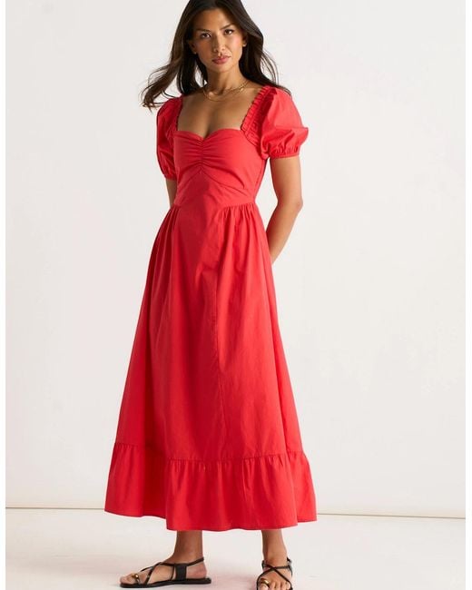 Gini London Red Gypsy Puff Sleeves Cotton Midaxi Dress
