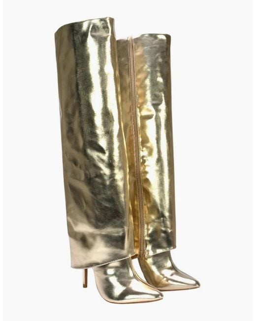 XY London Ladies Shauna Fold Over Metallic High Stiletto Heel Knee-High Boots