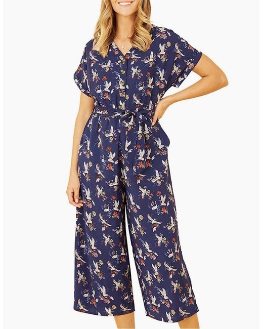 Yumi' Blue Crane Print Collared Culotte Jumpsuit