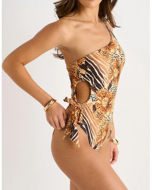 Gini London Brown Animal Floral Cutout One Shoulder Swimsuit