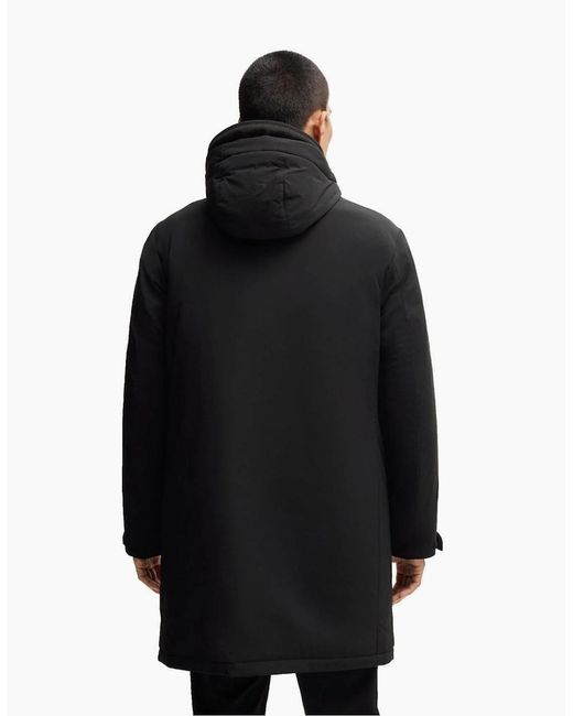 Boss Black Solid Patterned Hooded Snap Button Flap Pocket Parka Coat for men