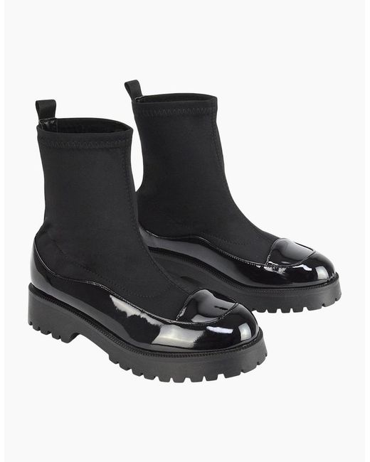 XY London Black Ladies Kerry Patent Chunky Flat Biker Boots
