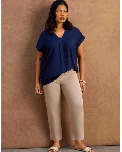 Live Unlimited London Blue Petite Linen Blend V-Neck Top