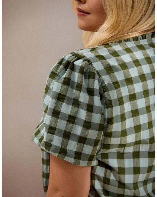 Live Unlimited London Green Gingham Button-Through Puff Sleeve Top