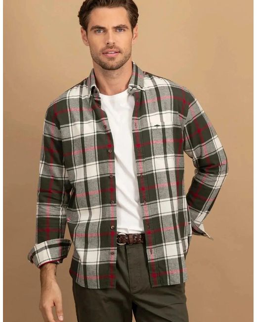 Fynch-Hatton Gray Premium Flannel Large Check Button Down Shirt Dark Ivy for men