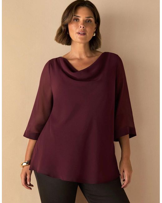 Live Unlimited London Purple Burgundy Cowl Neck Overlay Top