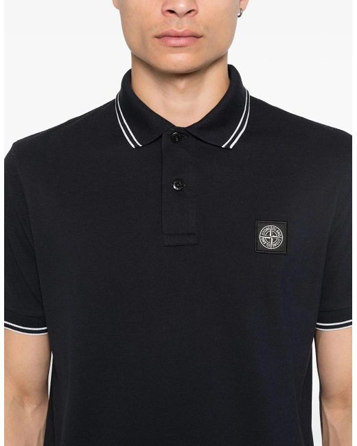 Stone Island Black Compass Patch Tipping Polo for men