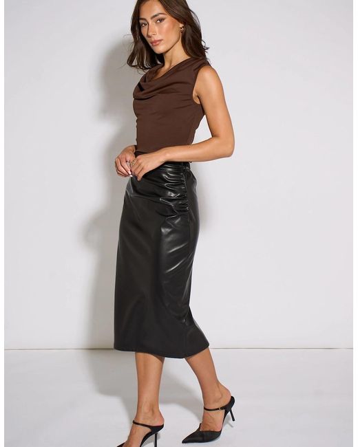 Gini London Black Faux Leather Ruched Side Pencil Skirt