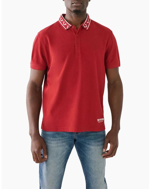 True Religion Red Polo Shirt Relaxed Fit Branded Collar Ss Pique Polo Shirts for men